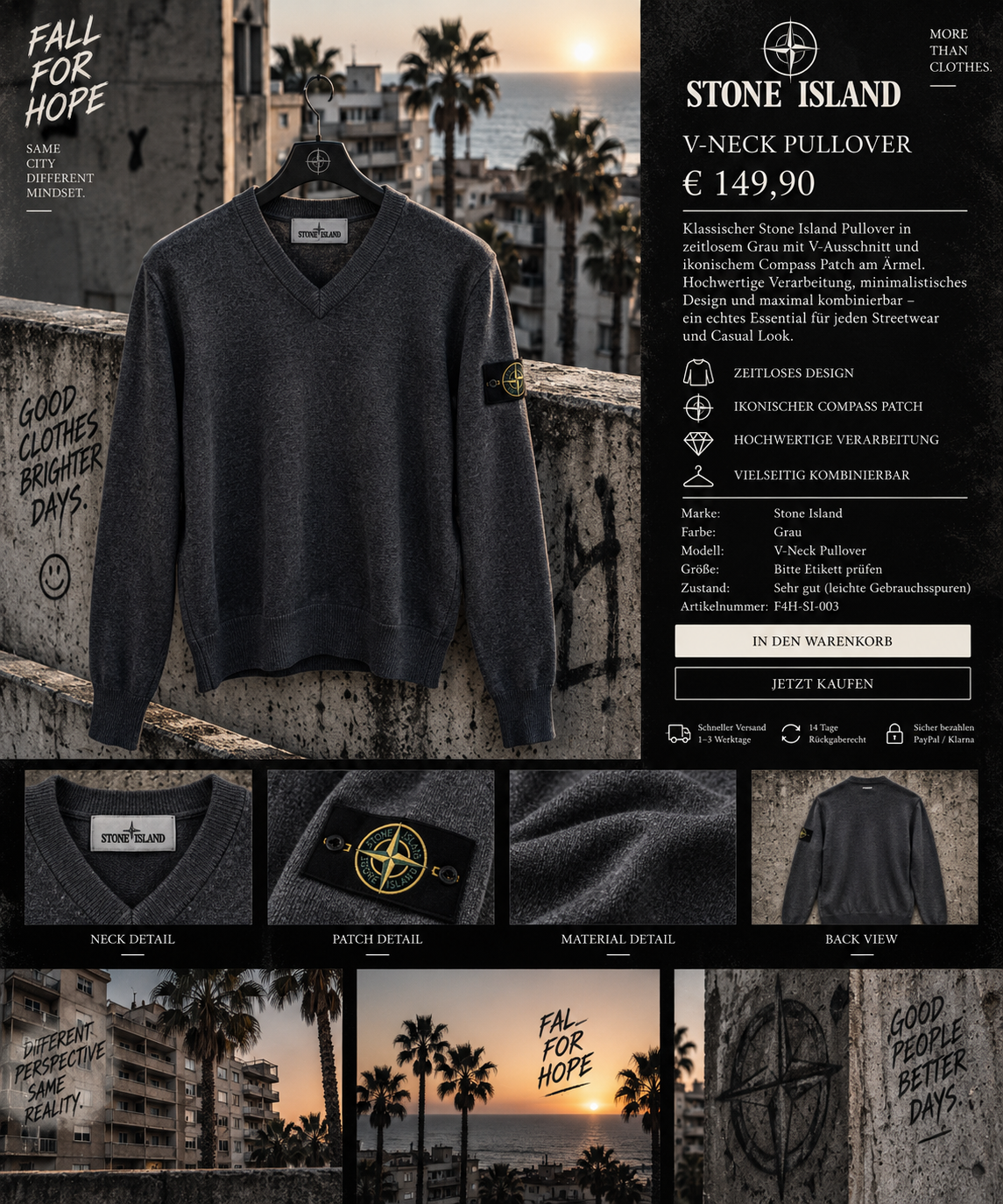 Stone Island V-Neck Pullover – Grau | Compass Patch