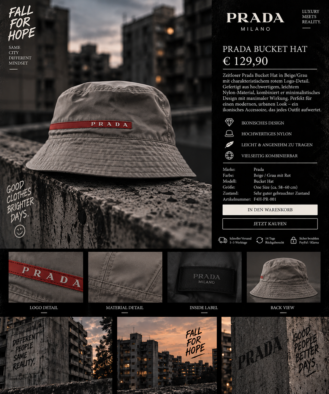 Prada Bucket Hat – Beige/Grau | Rotes Logo-Detail