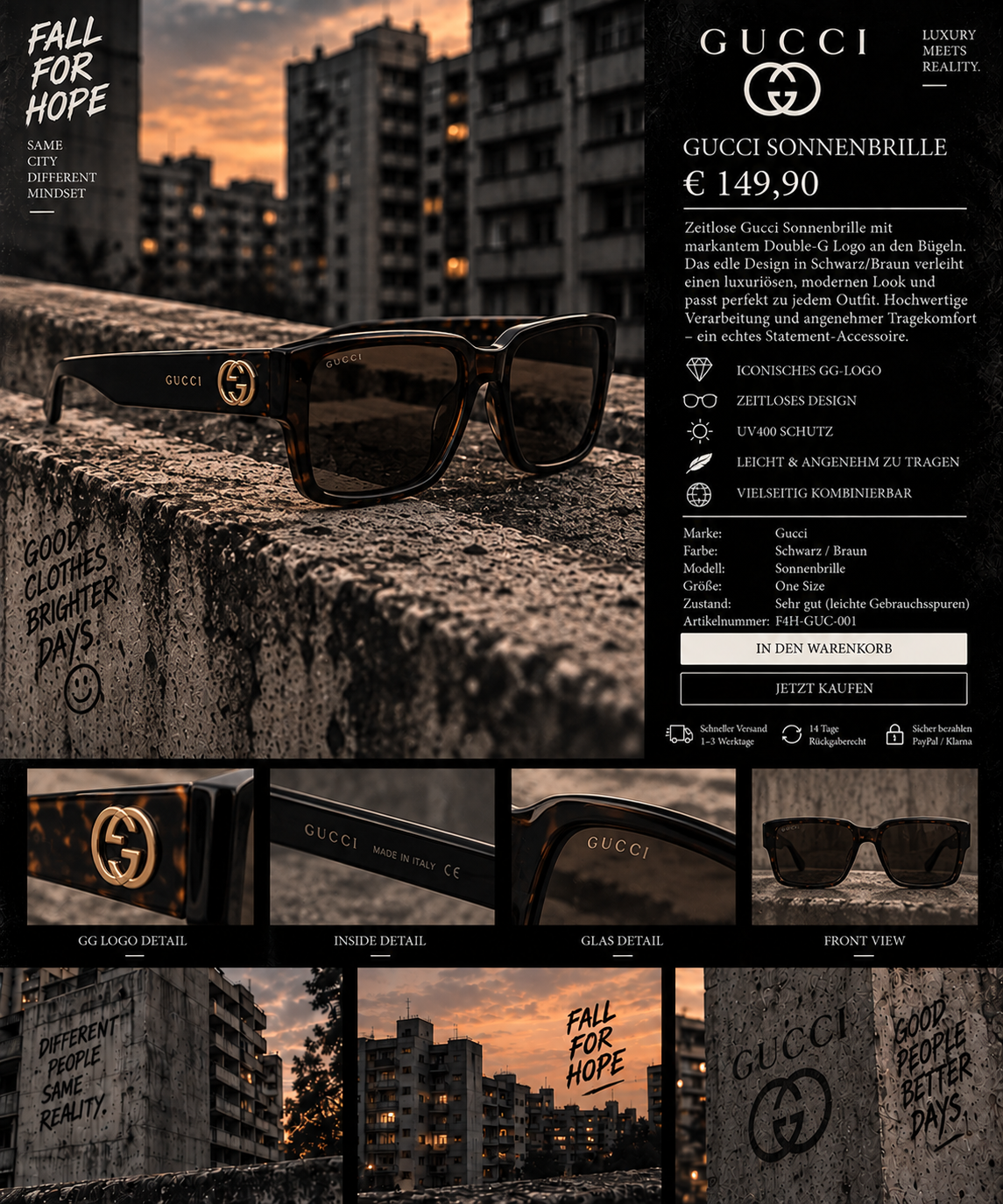 Gucci Oversized Sonnenbrille – Schwarz/Braun | GG-Detail