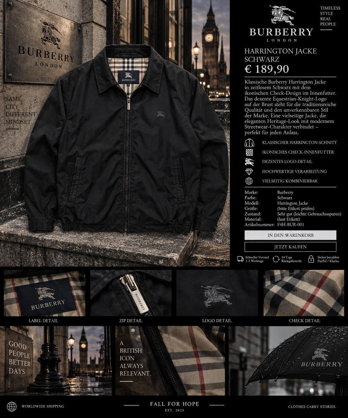 Burberry Harrington Jacke – Schwarz | Check-Innenfutter