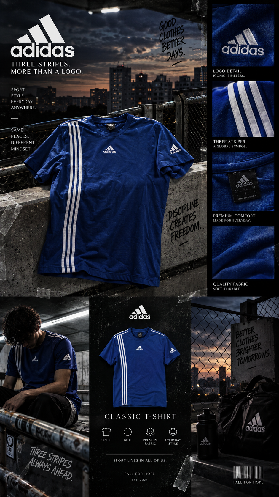 🔵 adidas 3-Streifen T-Shirt – Blau | Größe L